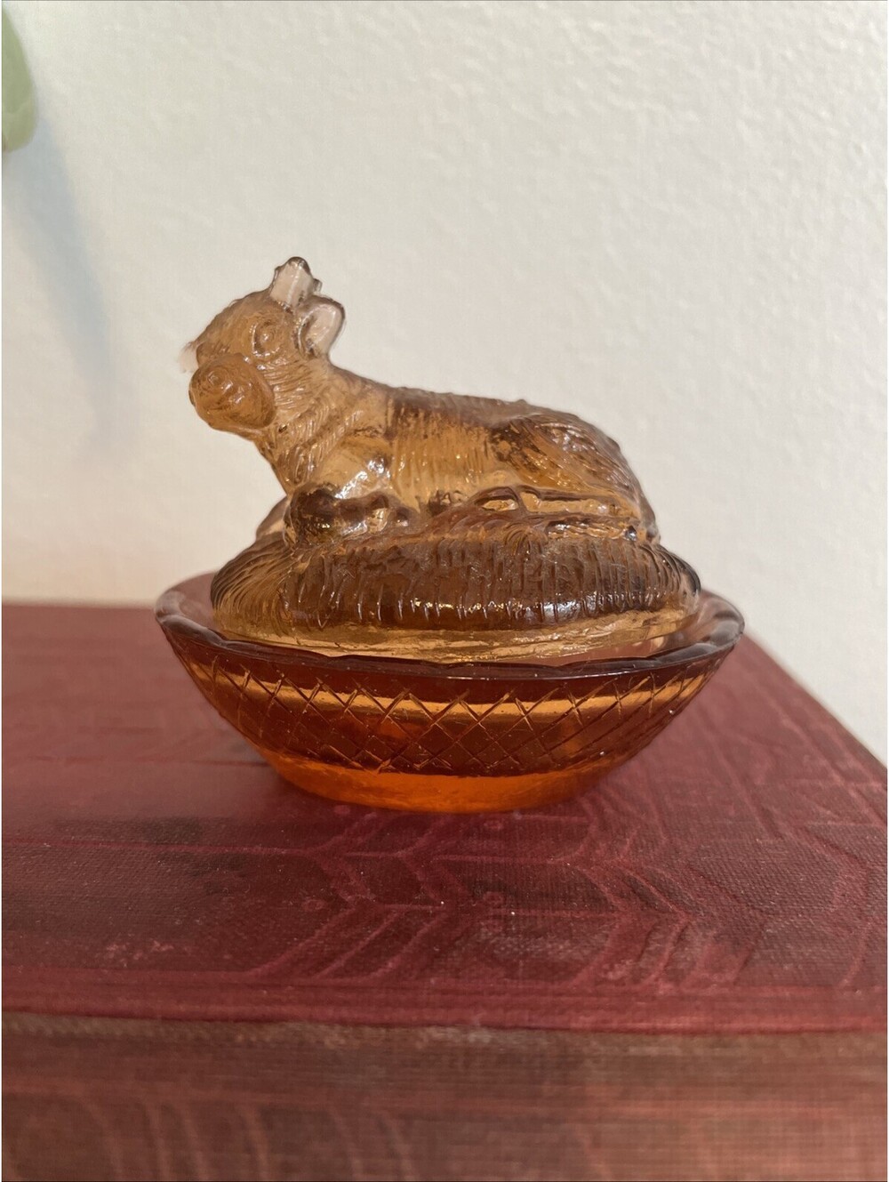 Mini Cow On A Nest Amber Pink Brown Vintage Desperation Glass Dish Miniature